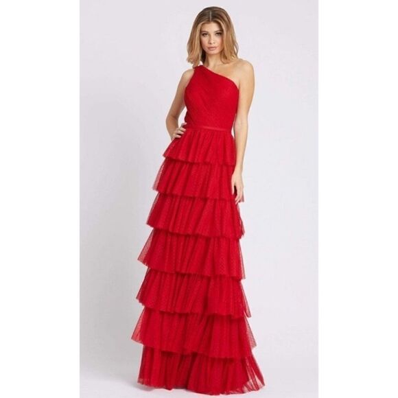 Mac Duggal One Shoulder Layered Tiered Tulle Gown Maxi Red NWT Size 16 - Picture 1 of 10